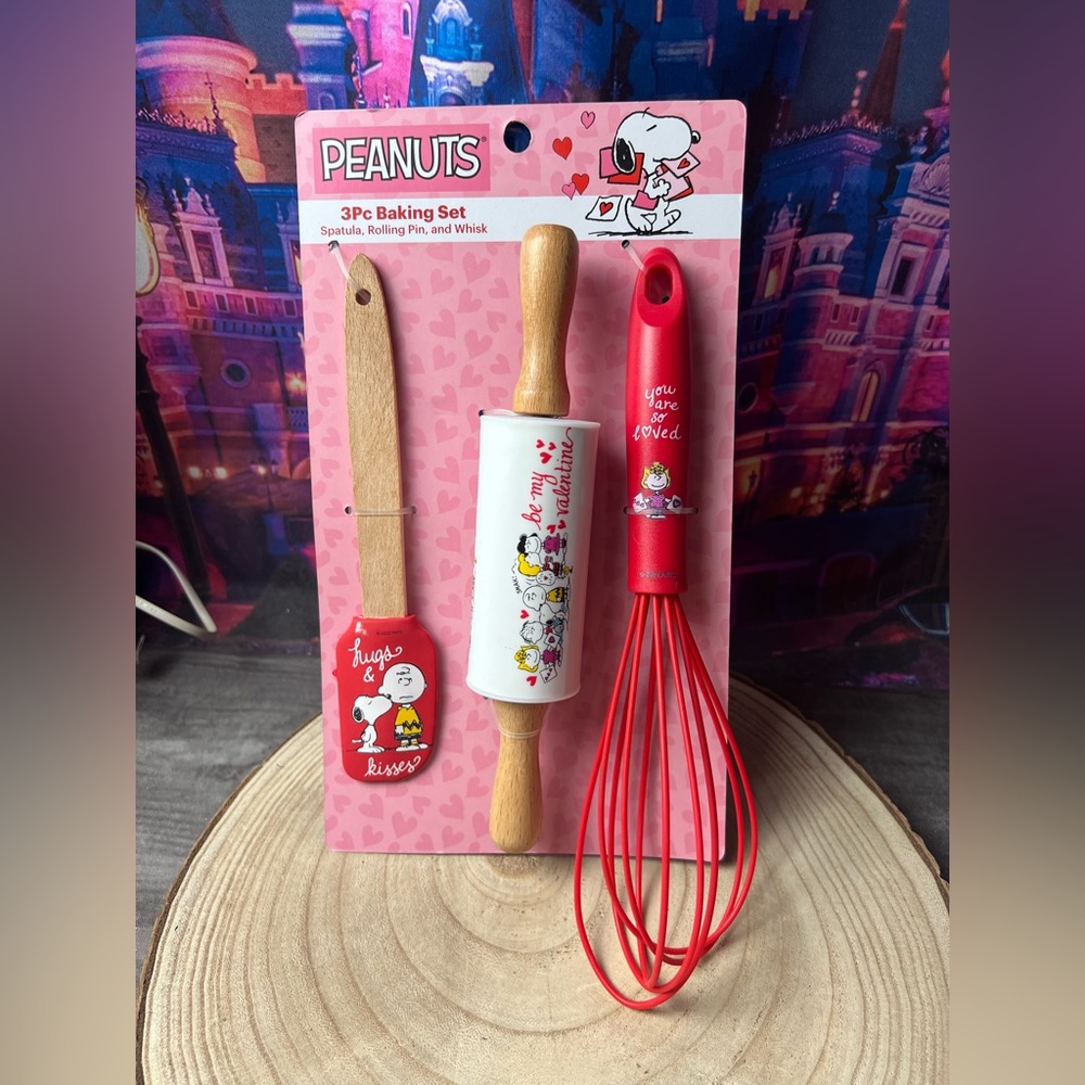 Peanuts valentines 3pc baking set, spatula, rolling pin, & whisk-new